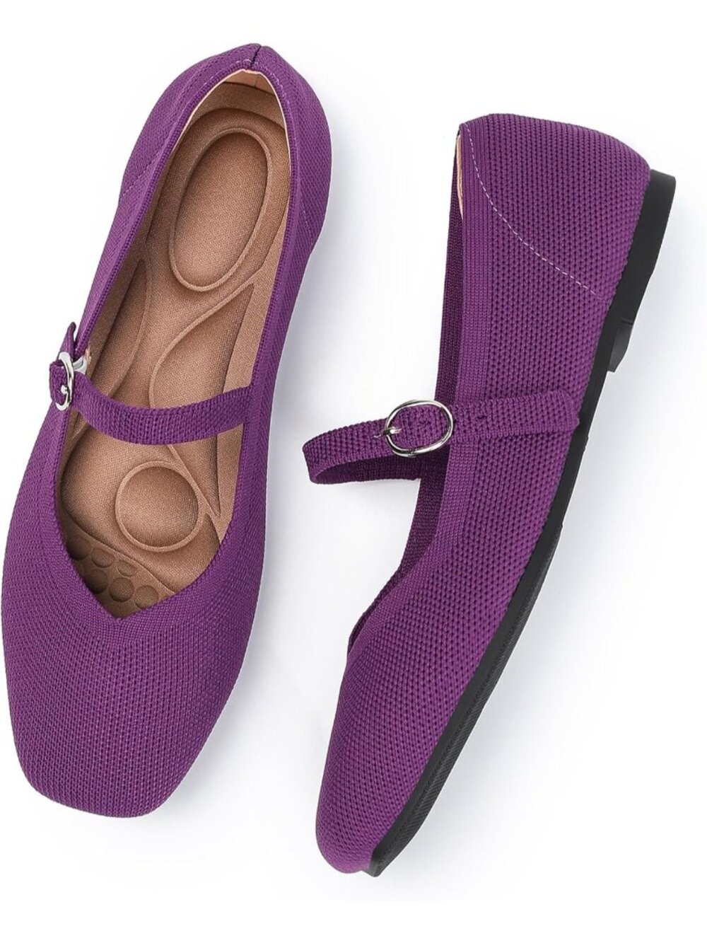 Women's Deep Purple Knit Flats Square Toe Casual Ballet Flat Ankle Strap Shoes - Picture 4 of 6
